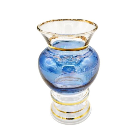 Bud Vase Glass Iridescent Blue Gold Trim 3.75 Inches 1950s Vintage Decor Boho - Picture 1 of 15